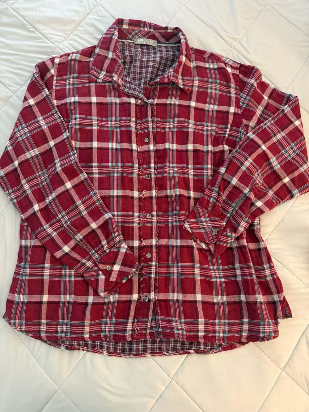 Lee Riders Women's Red Plaid‎ Button-Up Flannel Shirt with Frayed Edge Detail
